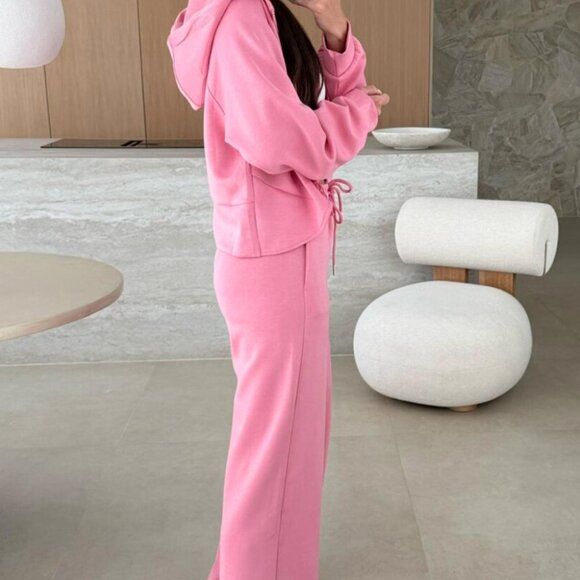 B314 Pink Solid Zip Up Hoodie and Drawstring Loose Pants Set - Picture 5 of 8